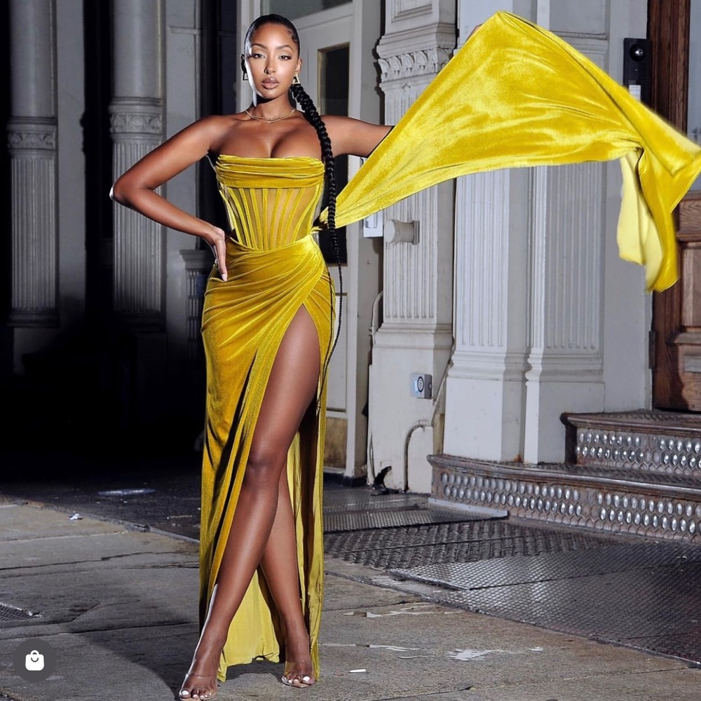 Miss Circle Priya Gold Velvet Draping Corset Dress w/ gloves